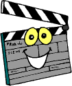 Smiling cartoon clapperboard with eyes