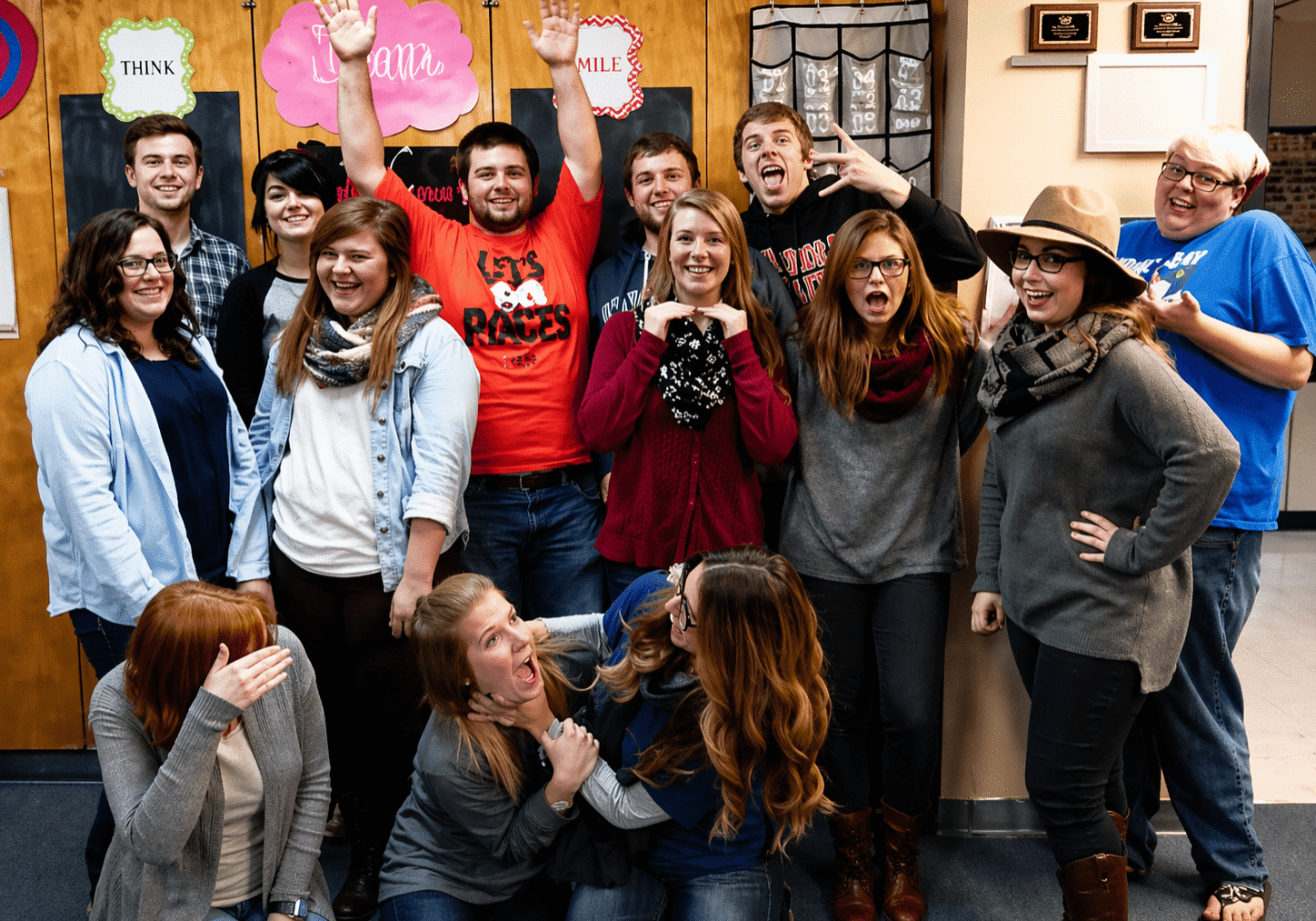 Diverse group making funny faces