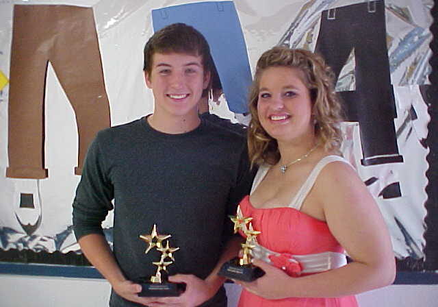 Young duo celebrating with trophies