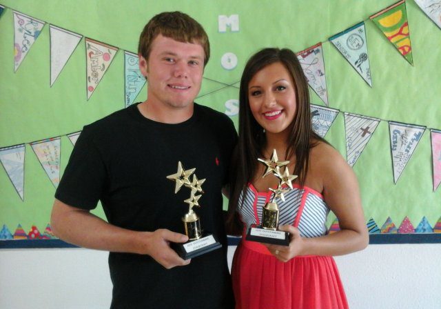 Happy pair celebrating with trophies